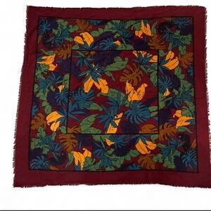 Tropical Botanical Print Square Scarf in Burgundy and Mustard
